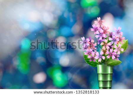 Beautiful live malva or mallow bouquet bouquet in modern metal vase on sunny day with empty space for your content on tree leaves blurred bokeh background.