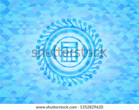 calculator icon inside realistic sky blue emblem. Mosaic background