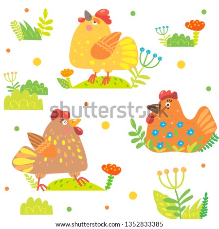 Cute chicken hand drawn color vector seamless pattern. Chickens cartoon texture. Web, wrapping paper, textile,background fill.