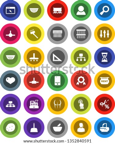 White Solid Icon Set- vacuum cleaner vector, scoop, colander, potato, corner ruler, medal, exam, sand clock, hierarchy, buttocks, Railway carriage, settings, mobile phone, touchscreen, heart, mortar