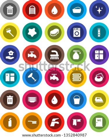 White Solid Icon Set- soap vector, scraper, water tap, vacuum cleaner, fetlock, bucket, clothespin, sponge, towel, trash bin, drop, shining, window cleaning, splotch, iron, drying clothes, washer