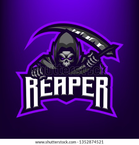 Reaper with Scythe Logo for Sport and esport isolated on dark Blue background