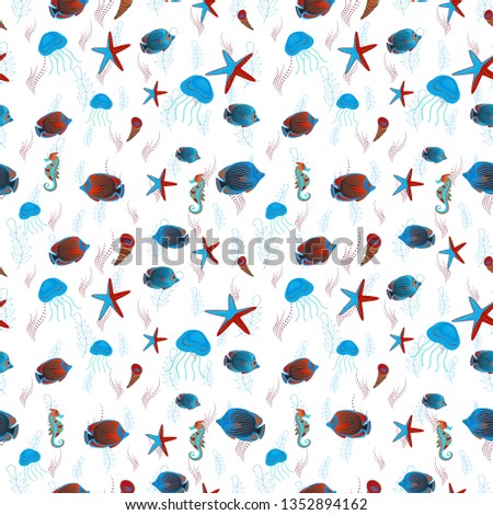 Sea tropical fishes. Classical embroidery seamless pattern of tropical sea, fishes. Fashionable template for design of clothes in white, red and blue colors. Embroidery sea life vector collection.