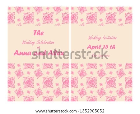 wedding invitation template. Hand-drawn vector illustration of retro style with pink floral pattern