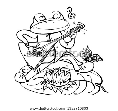 Frog with guitar. Hand-drawn vector illustration in cartoon style on white background.