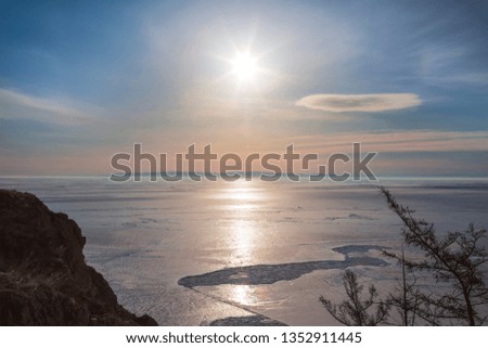 View of the frozen lake Baikal from Olkhon island. Irkutsk region. Eastern Siberia. Russia