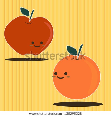 Cartoon Smiling apple and orange