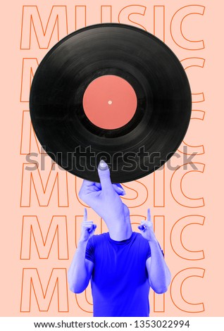 Lovely songs always play in the head. Meloman headed by oldschool vintage music. A man in blue T-shirt with hand holding vinyl record as a head. Modern design. Contemporary art collage. Royalty-Free Stock Photo #1353022994