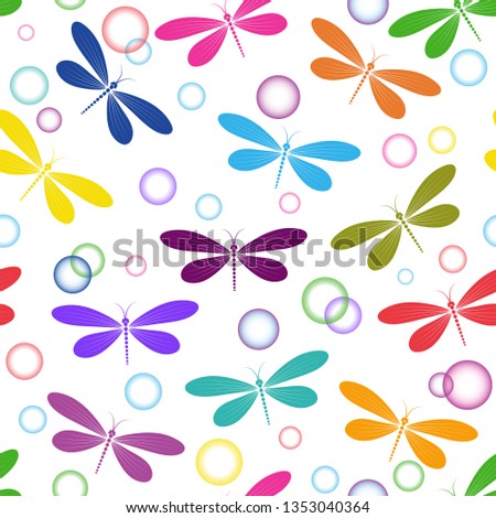Multicolored dragonflies and translucent colored balls on transparent background. Seamless. Vector image. Eps 10
