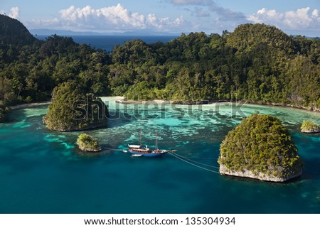In Raja Ampat, Indonesia, a protected bay, surrounded by high limestone islands, harbors beautiful fringing reefs where small fishes and invertebrates grow. Royalty-Free Stock Photo #135304934