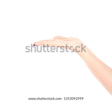 Female hand doing an assistance gesture to one side against a white background