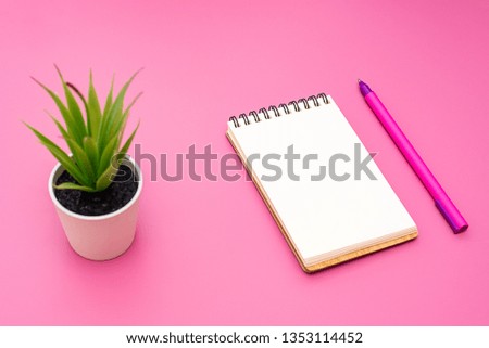 Blank notebook with spiral for the application of labels, pen and aloe Vera in pot on pink background. Top view