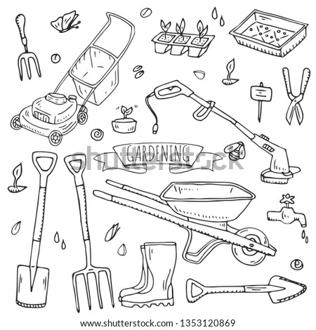 Hand drawn doodle set of Gardening icons. Vector illustration set. Cartoon Garden symbols. Sketchy elements collection: lawnmower, trimmer, fork, hoe, trug, wheelbarrow, watering, sprouts, bee, boots