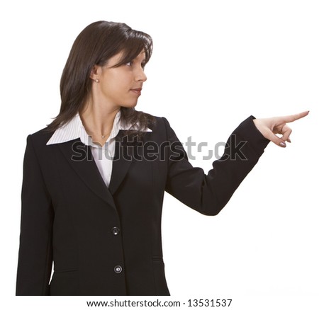 Image of a businesswoman pointing to something- isolated against a white background.