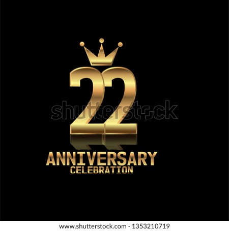 22 years anniversary simple design with golden font and crown with reflection golden number. Elegant, simple, and luxury design. Design with shadow or reflection under number
