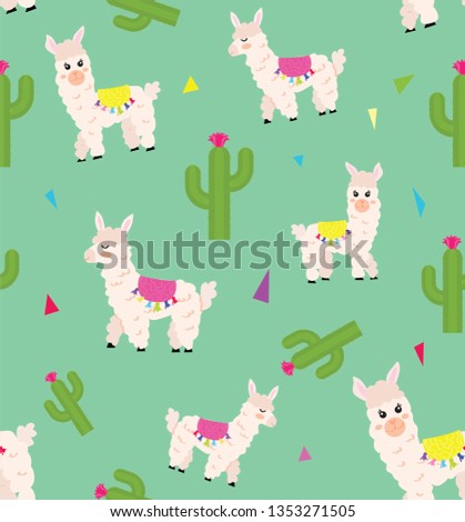 Cute white llama, lama, alpaca and cactus seamless pattern design. Trendy cartoon llama vector background vector illustration