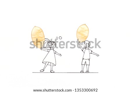 Hand drawing couples having fun playing tennis with rackets made of translucent seedpods. Minimal, creative or healthy lifestyle concept. Copy space