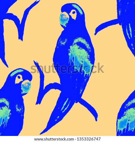 Watercolor seamless pattern with macaw parrot. Exotic jungle bird wallpaper. Great design for any purposes. Bright summer print. 