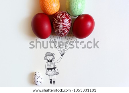 Illustration of a girl holding painted eggs like a balloons, on white background 1