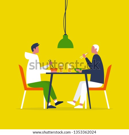 Young gay couple eating ramen with the chopstics. Date. Restaurant. Daily life. Flat editable vector illustration, clip art