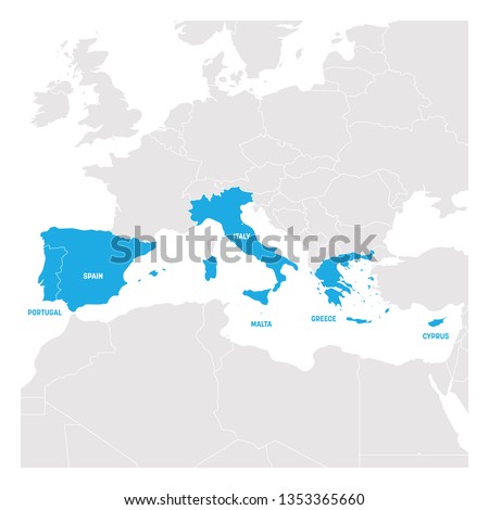 South Europe Region. Map of countries in southern Europe around Mediterranean Sea. Vector illustration.