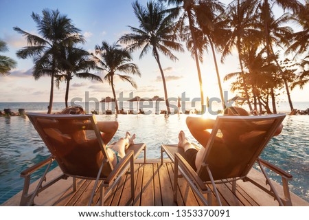 luxury travel, romantic beach getaway holidays for honeymoon couple, tropical vacation in luxurious hotel Royalty-Free Stock Photo #1353370091