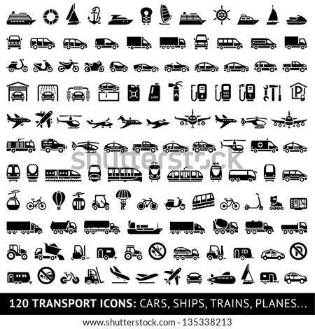 120 Transport icons: Cars, Ships, Trains, Planes, vector illustrations, set silhouettes isolated on white background. Royalty-Free Stock Photo #135338213