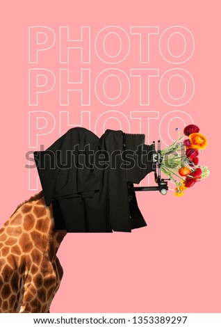 An oldschool photographer. A giraffe's head as a man taking photo by old vintage camera and lens with red and yellow flowers against pink background. Modern design. Contemporary art collage. Royalty-Free Stock Photo #1353389297