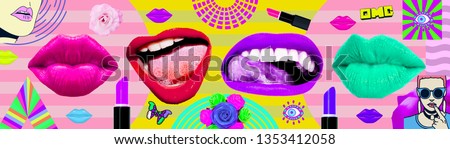 Contemporary zine art collage. Lips. Fashion Lipstick concept