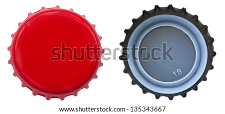 Both sides of a red metal bottle cap. One of the top side and one of the bottom side. Isolated on white background. Royalty-Free Stock Photo #135343667