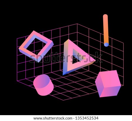 Neo memphis/ vaporwave 3d illustration. Perspective neon laser grid and 3d shapes on dark background, polygon, cube, prism, cylinder, cuboid, ect. Futuristic print for t-shirt, notebook, poster.