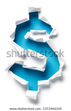 Dollar shaped blue hole torn through paper, isolated on white background