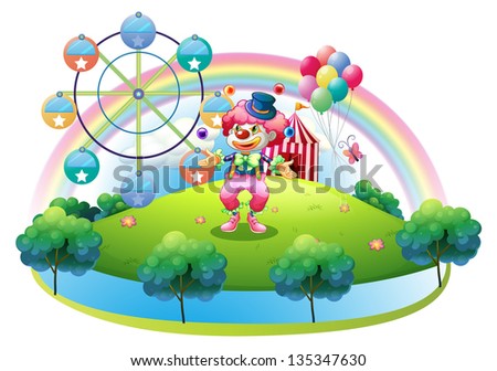 Illustration of a clown juggling in front of the carnival on a white background