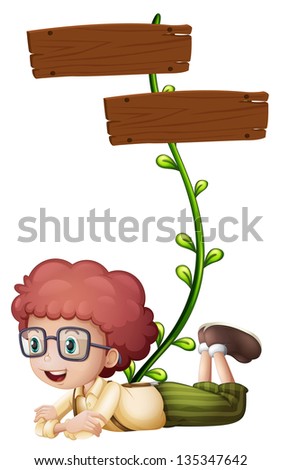 Illustration of a boy with wooden signboards on a white background