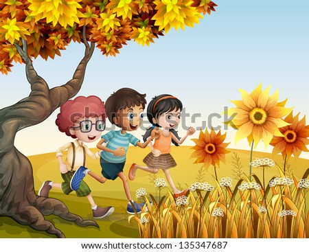 Illustration of the children running at the hill with sunflowers
