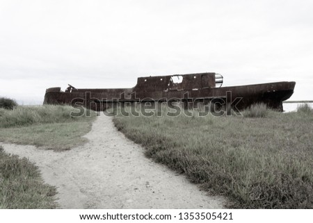Scuttled rusting hulk of old ship Waverley in shallows of Wairau Lagoons on nature walk desaturated against white sky. Royalty-Free Stock Photo #1353505421