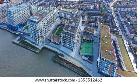 Aerial drone photo from residential area of Greenwich village next to river Thames, London, United Kingdom
