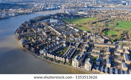 Aerial drone photo from iconic isle of Dogs peninsula and Docklands area, London, United Kingdom