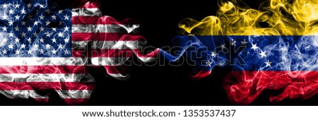 United States of America vs Venezuela, Venezuelan smoky mystic flags placed side by side. Thick colored silky smoke flags of America and Venezuela, Venezuelan.