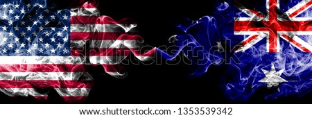 United States of America vs Australia, Australian smoky mystic flags placed side by side. Thick colored silky smoke flags of America and Australia, Australian.
