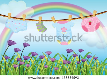Illustration of a child's clothes hanging above the garden