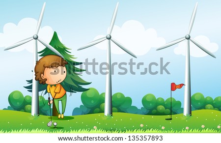 Illustration of a girl playing golf near the windmills
