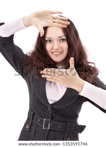 young business woman showing frame out of hand.isolated on white