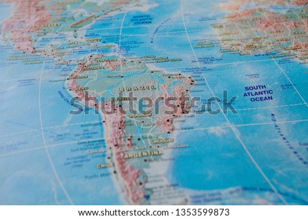 Brazil in close up on the map. Focus on the name of country. Vignetting effect.