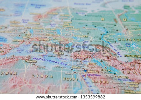 Greece and Turkey in close up on the map. Focus on the name of country. Vignetting effect.