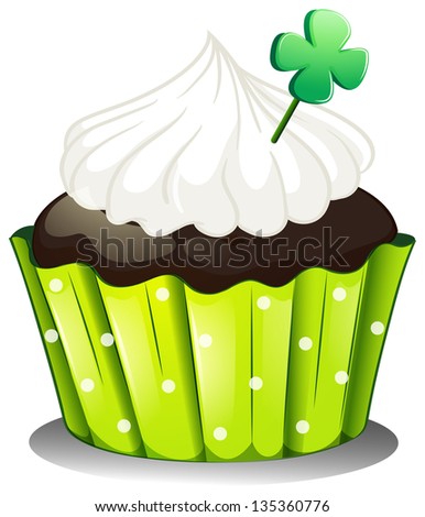 Illustration of a chocolate cupcake with a green plant on a white background