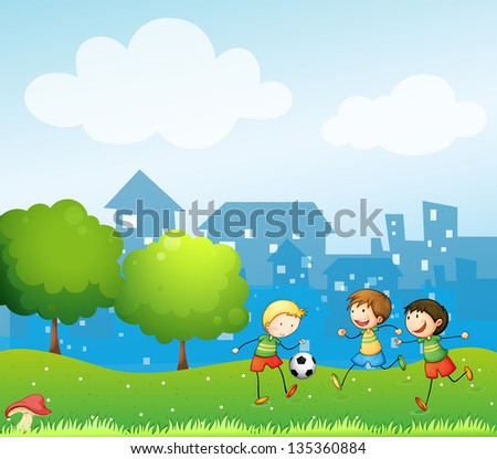 Illustration of the three kids playing soccer in the hill