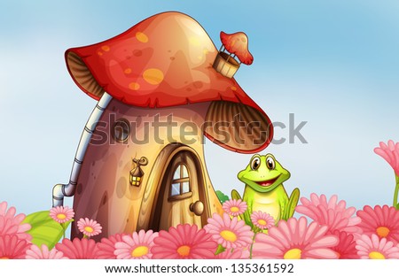 Illustration of a frog near the mushroom house with a garden of flowers