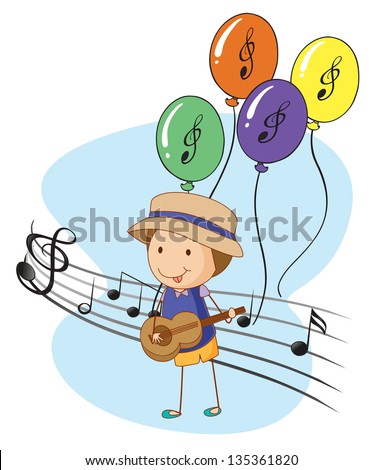 Illustration of a young musician with balloons at the back on a white background