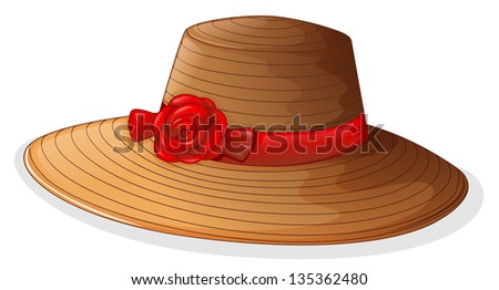 Illustration of a brown fashion hat with a red ribbon on a white background